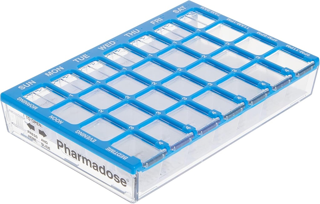 Ezy odmerek tedenski (7-dnevni) primeru tabletke, Medicine Planner, Vitamin Organizator Box, Majhni deli z enostavno polnilno pladnje, 4 krat na dan, Jasno Lids, Barvni maj Vary, BPA brezplačno