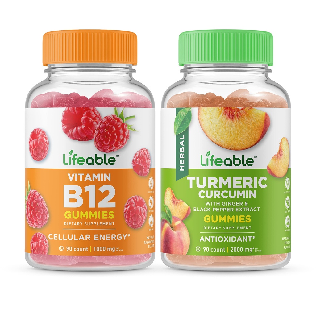Življenjski vitamin B12 + Kurkumin, Gummies Bundle - odličen okus, Vitamin dopolnilo, Gluten brezplačno, GSO brezplačno, Žvečljiv