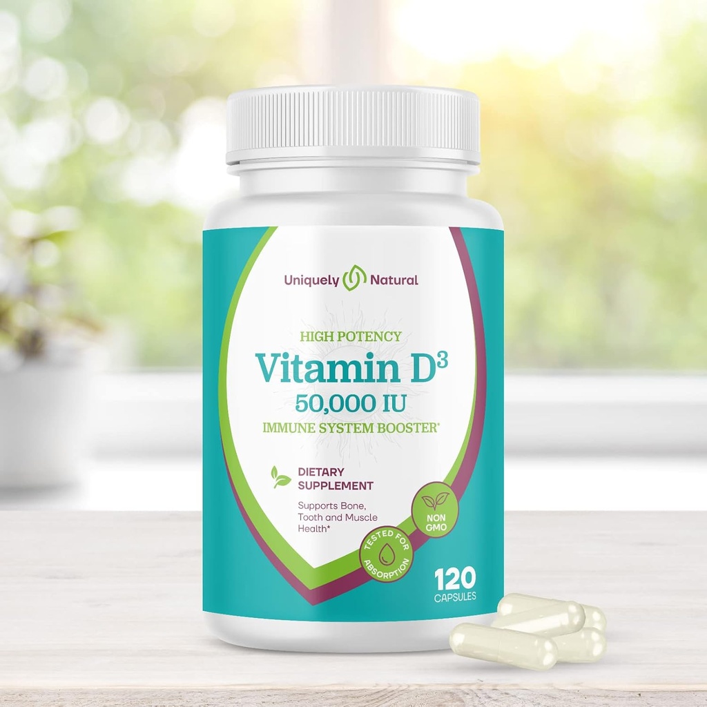 Vitamin D3 50.000 i.e. 125mcg kapsule - 120 organskih tedenskih dodatkov, tablete brez glutena brez GMO, za močne kosti, zobje, imunske podpore - narejene v ZDA