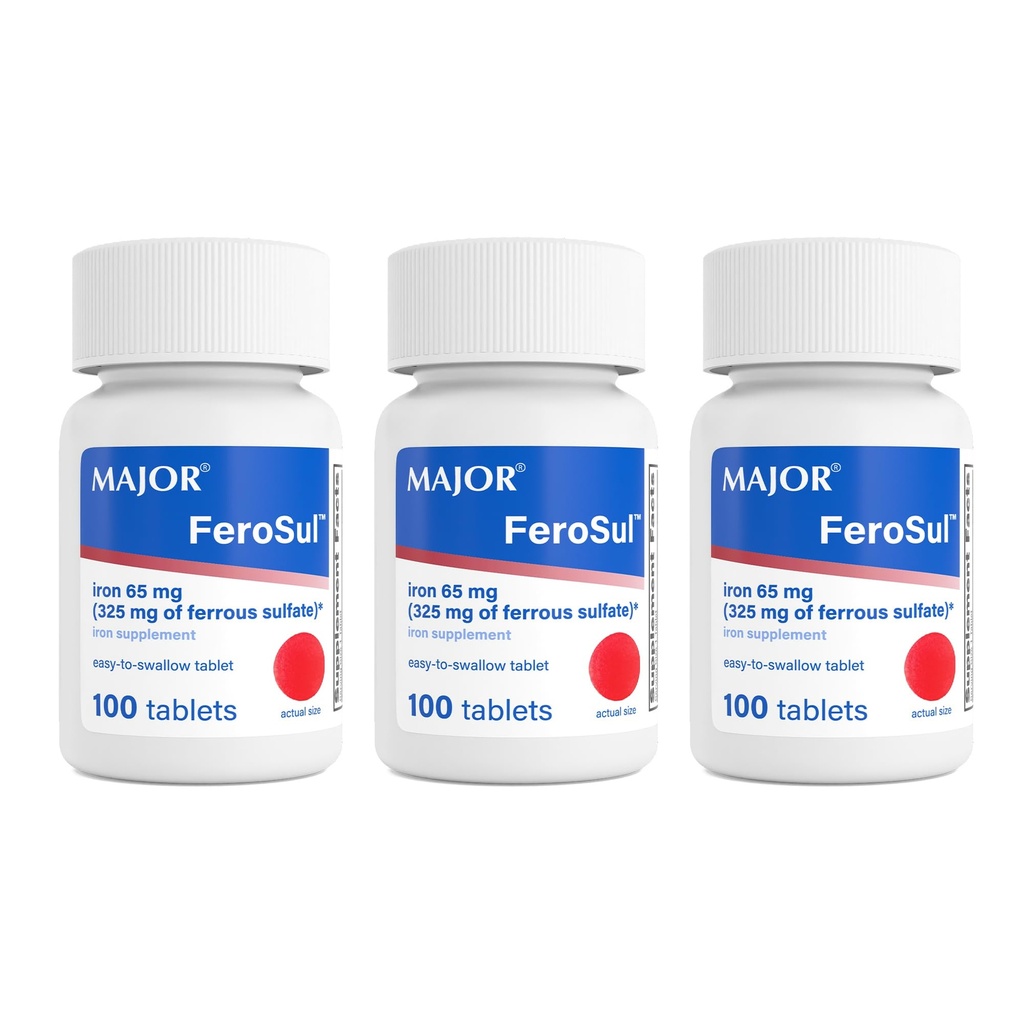 MAJOR Ferosul - železov sulfat 325mg tablete s 65 mg elementarnega železa - železov dodatek za ženske, moški - rdeča - 100 tablet (3 pakiranja)