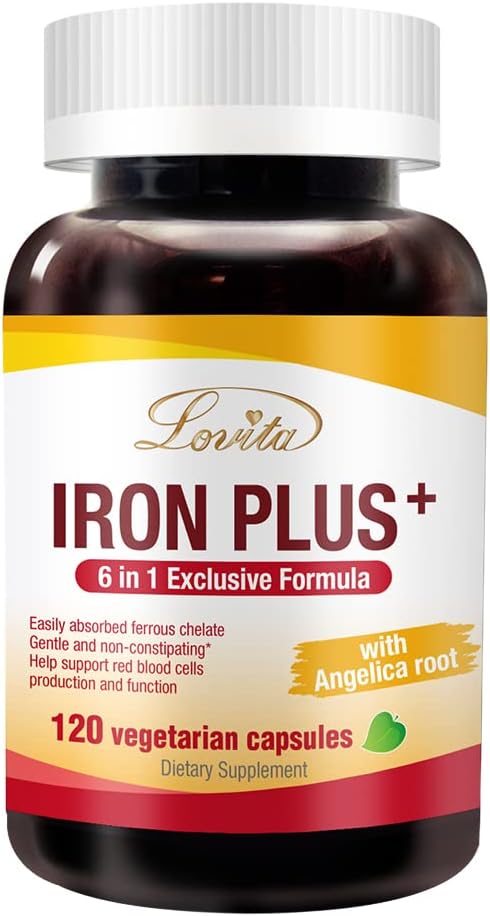 Lovita železa 18 mg, 6 v 1 železa dodatek za ženske, vitamin C, Dong Quai & B12, Vegan vitamin za podporo proizvodnje rdečih krvnih celic brez zaprtja, 120 kapsul