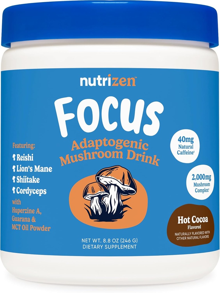 Nutricost Nutrizen AM Focus Adaptogene gobe pijača (Hot Cocoa arome) 30 Servisi - Vključuje Reishi, Levje Mane, Shiitake, Cordyceps