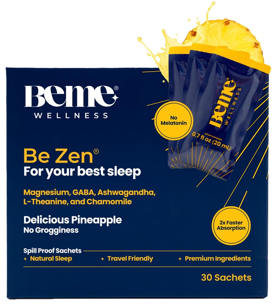 BeMe BeZen Dodatek za pomoč pri spanju Naravno brez melatonina - 2X Absorpcija kot tablete - Pomoč za spanje za odrasle z magnezijem, Ashwagandha, Kamilico, L-Theanine & GABA - Okusen Ananas