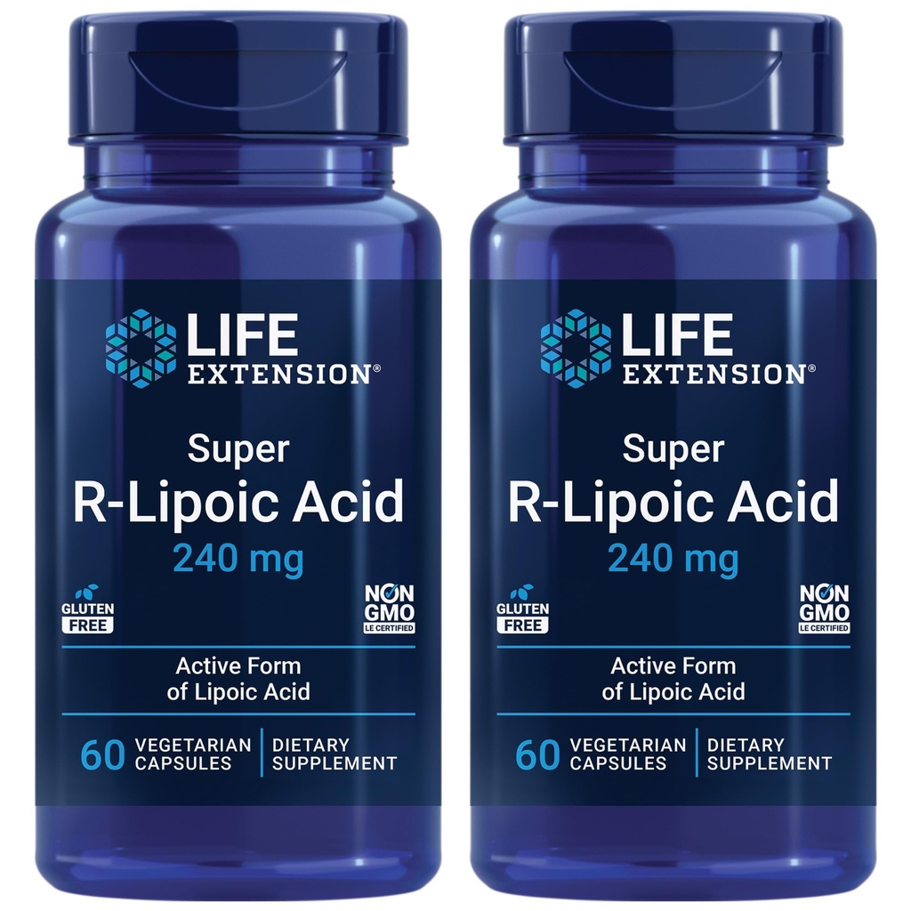 Life Extension Super R-lipojska kislina – zdravo staranje, oksidativna obramba pred stresom – z 240 mg aktivnega R-obrazca R-lipojske kisline – Gluten-free – Ne-GMO – Vegetarian – 60 kapsul (2 pakiranji)