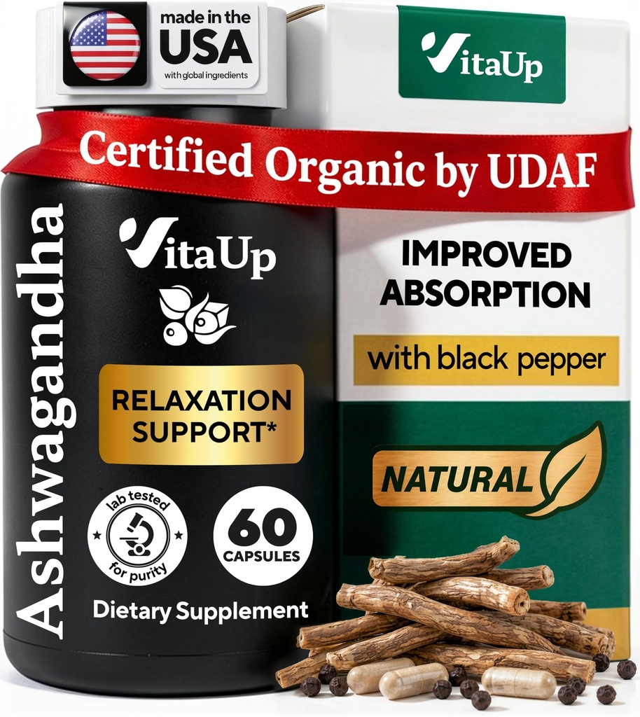 Ashwagandha kapsule 1310mg s črnim poprom - ZDA Made Ashwagandha dodatki za podporo sprostitve, Normalna Kognitivna funkcija & Uravnotežena raven energije – 60 Caps