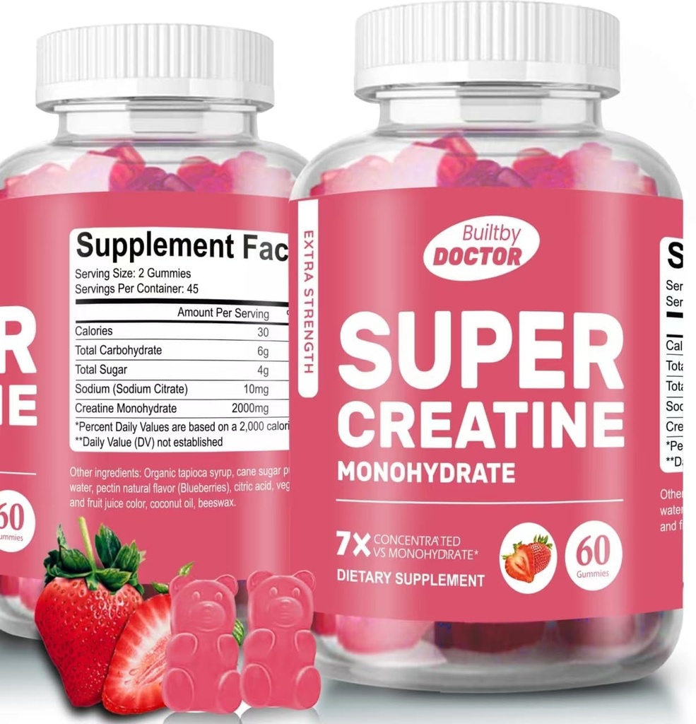 Super Kreatin Monohidrat Gumiji za moške in ženske, Sugar-free, 30 Serving, 5g Creatin na strežbo, Vegan, Gluten-free, Bodybuilding recovery dodatek za povečanje mišične velikosti in moč