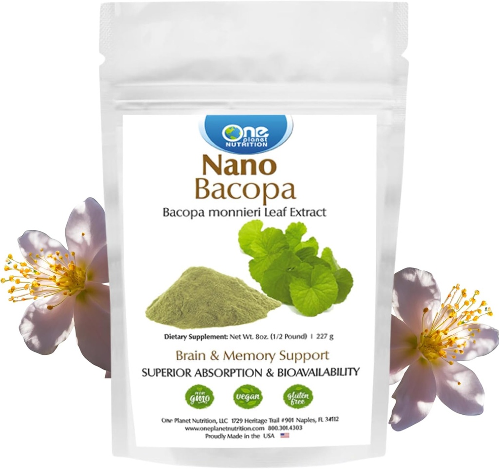 One Planet Nutrition Nano Bacopa Powder 8 oz (227 Servings), Bacopa monnieri Extract, Nano za enostavno absorpcijo, Izboljša spomin in fokus, Pomožne snovi brez, Ne-GMO, Vegan, Gluten-free
