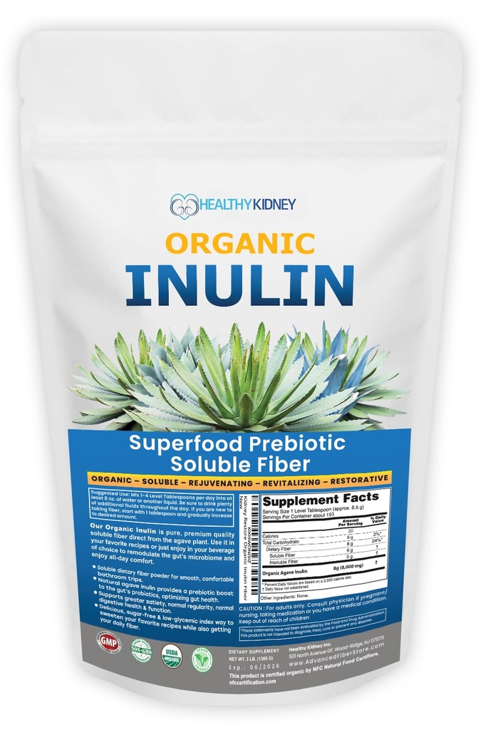 Organski inulinski prašek (48oz/3 lbs) Nežen agave Prebiotični topen fiber dodatek za prebavno podporo, Gut Health, Vegansko peko, napitki in pijače