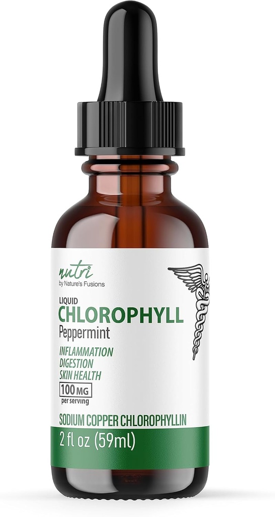 Nature's Fusions Nutri Tekoči klorofil Peppermint 100mg - Notranji deodorant & razstrupljanje - Tekoči kapljice - 2 fl oz (59 Servings, 100mg na Serving) - Klorofila Liquida