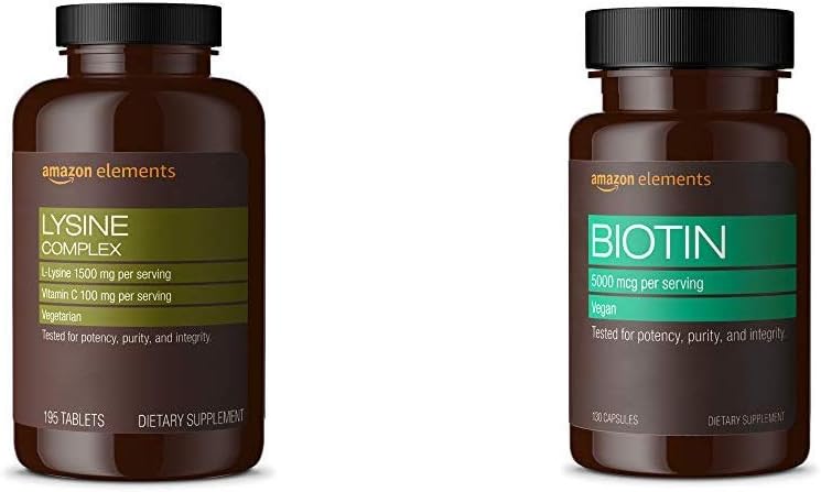 Elementi Lysine Complex z vitaminom C (1500 mg L-Lysine s 100 mg vitamina C na obrok - 3 tablete), Podpira Imunsko zdravje, Vegetarian, 195 Število (Packageing se lahko razlikuje) in Elementi Vegan Biotin 5000 μg - Lasje, koža, nohti, 130 Kapsule (4 mesečne zaloge) (Packageing se lahko razlikuje)