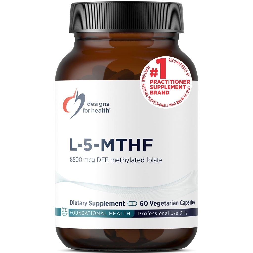 Designs for Health L 5-MTHF - Quatrefolic L Metilfolate dodatek 5mg (8500 DFE) - Metilirani Folat dodatek za ženske in moške - Podpira metilacija - Non-GMO, Gluten Free (60 kapsul)