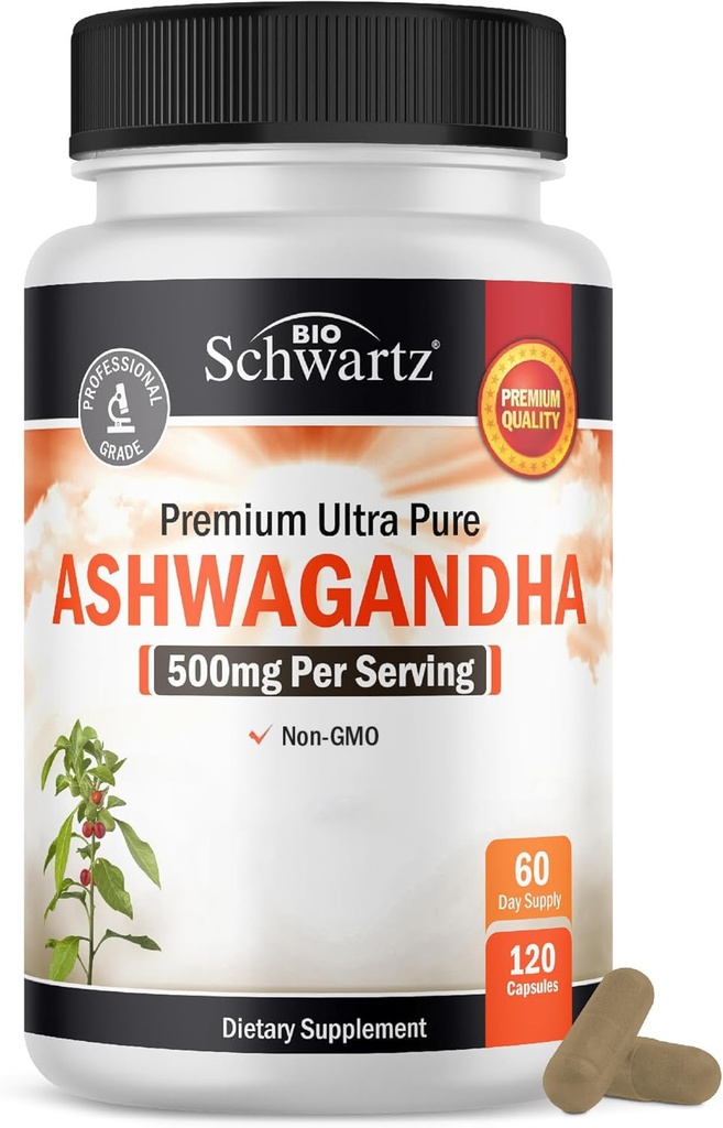 BioSchwartz Ashwagandha dodatki - Extra Strength Ashwagandha kapsule 500mg na serviranje - Gluten brezplačno, ne-GMO, Izdelano v ZDA z globalno izvornih sestavin, 60 Serving (120 Count)