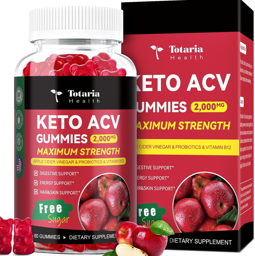 Totaria Keto ACV Gummies - 2000mg Apple Cider Vinegar Gummies Sugar-free Podpora Stature Zdravje s probiotiki, B12, Keto Dopolnila za ženske in moške, 60 grofov