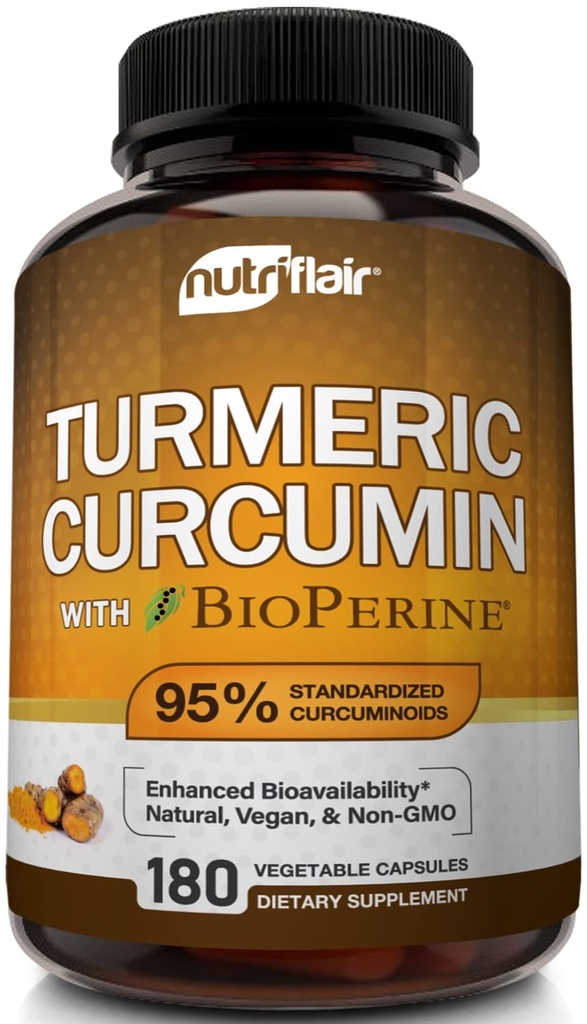 NutriFlair Kurkumin z BioPerinom - 1300mg, 180 Kapsule - 95% standardizirani kurkuminoidi Kurkuminoidi Izvleček s črnim poprom za optimalno absorpcijo - 180 kapsul