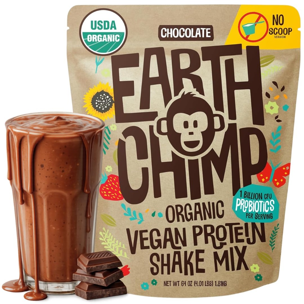 EarthChimp Organic Vegan Protein Powder - s probiotiki - brez GSO, brez mleka, brez sirotke, na rastlinski osnovi Protein Powder za ženske in moške, Gluten Free - 52 Servings 64 Oz (Chocolate) No Scoop