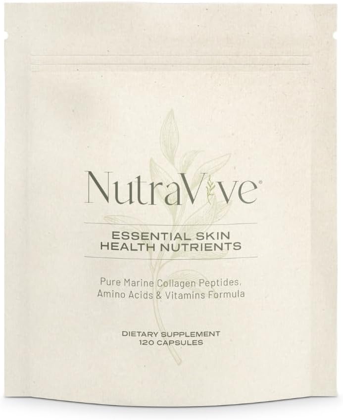 NutraVive Essential Skin Health Nutrients – hidrolizirano Morikol® Marine Collagen Peptides, Aminokisline in vitamini – spodbujanje čvrstosti, zmanjšanje gub in izboljšanje elastičnosti kože - 120 kapsul