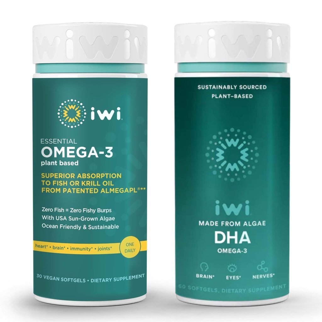 Iwi Omega-3 Essential & DHA Omega-3 Bundle, 30 Serving, Veganska rastlina na osnovi Algae Omega 3, Krill & Fish Oil Alternative, Brez ribjega pookusa