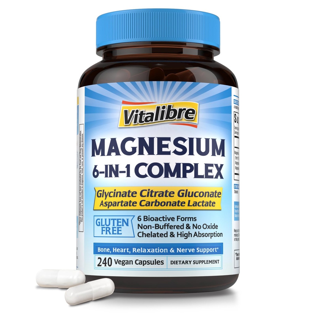 Magnezij Kompleksni dodatek 6 v 1, 1160mg kelirani magnezij za maksimalno absorpcijo, pomoč pri boljšem spanju, sprostitev in živec mirno, 240 Veganske kapsule, Non GSO & Gluten brez