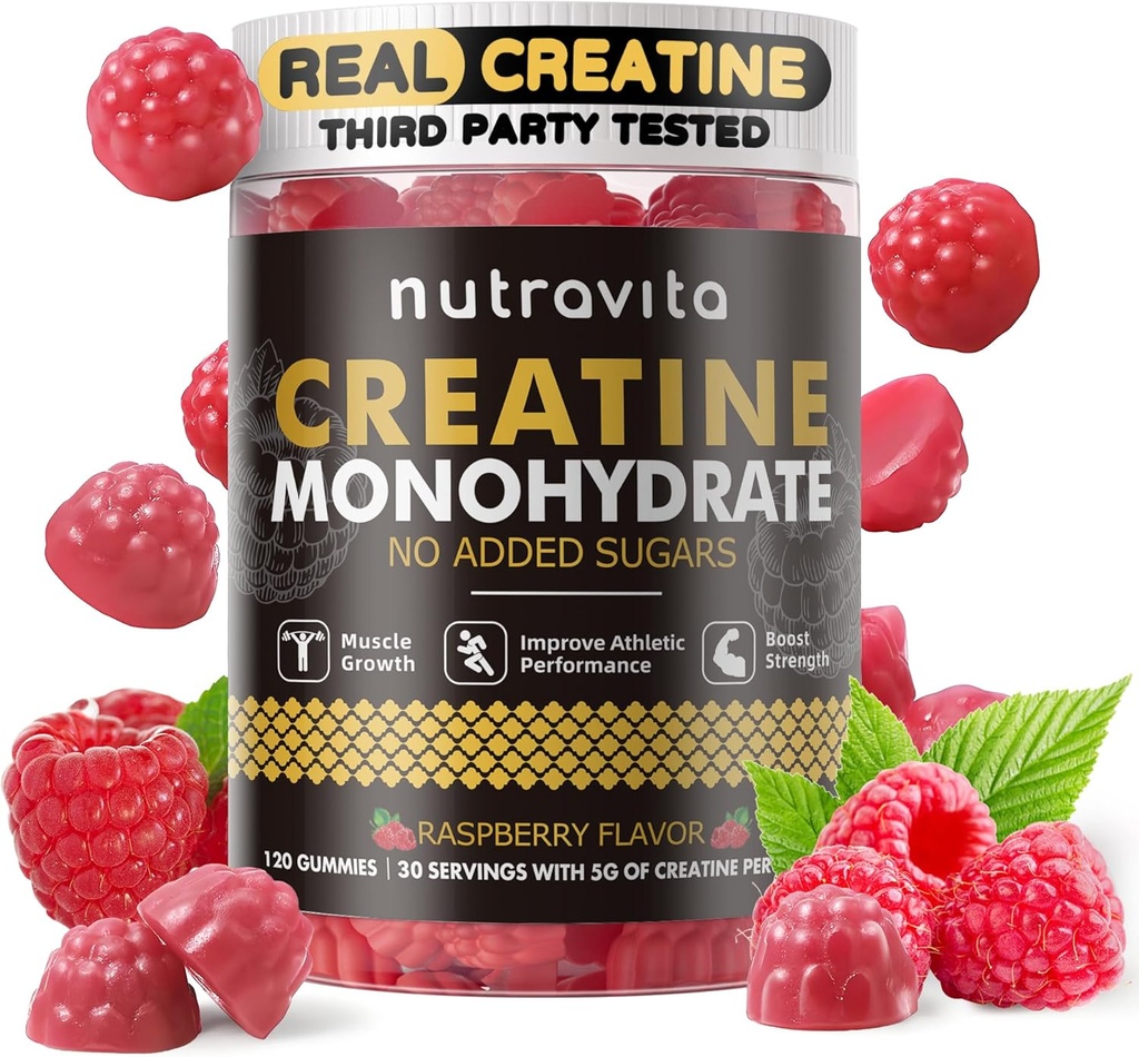 Nutravita Kreatin Monohidrat Gumiji za moške in ženske-5g kreatin monohidrat na strežbo - brez sladkorja,Vegan, Raspberry Flavor, 120 Count