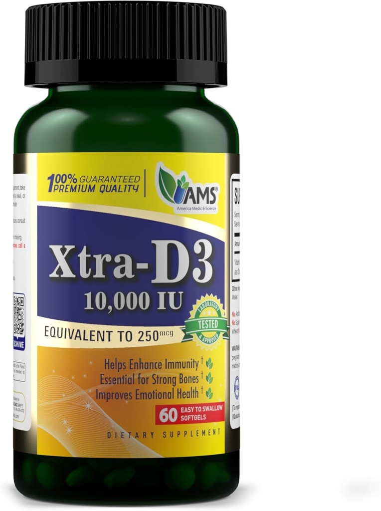 Amerika Medical & Science Xtra D3 Vitamin D 10.000 i.e. (250 mcg) holekalciferol dodatek za moške in ženske (60 enostavno požiranje softgels) Najboljši za kosti, zdravje srca, podporo imunskega sistema, pljučno funkcijo