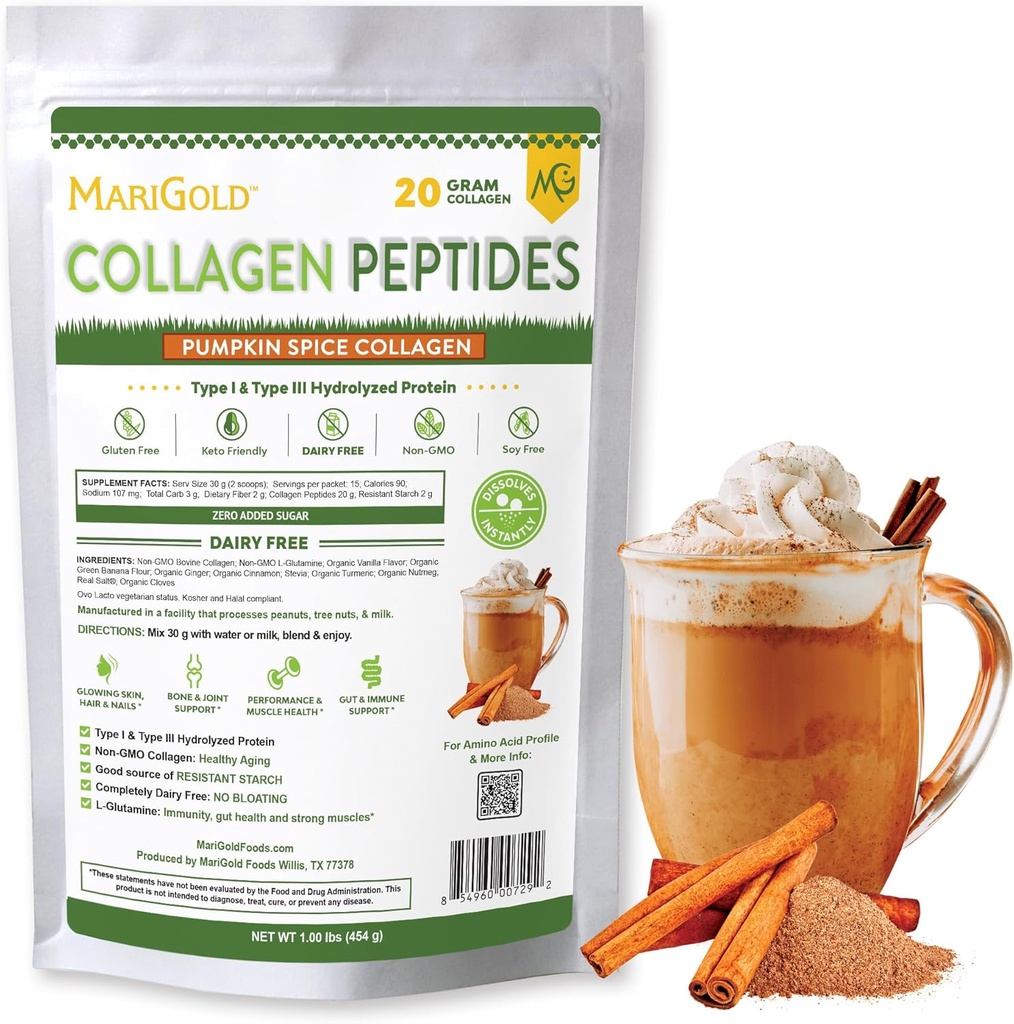 Kolagenski peptidi v prahu, ki jih hrani MariGold, v prahu, bučna začimba 1LB - 100% čista, goveji hidroliziran kolagen tipa I in III, ne-GMO, brez hormona, brez soje, brez glutena, brez mleka, keto-prijateljski