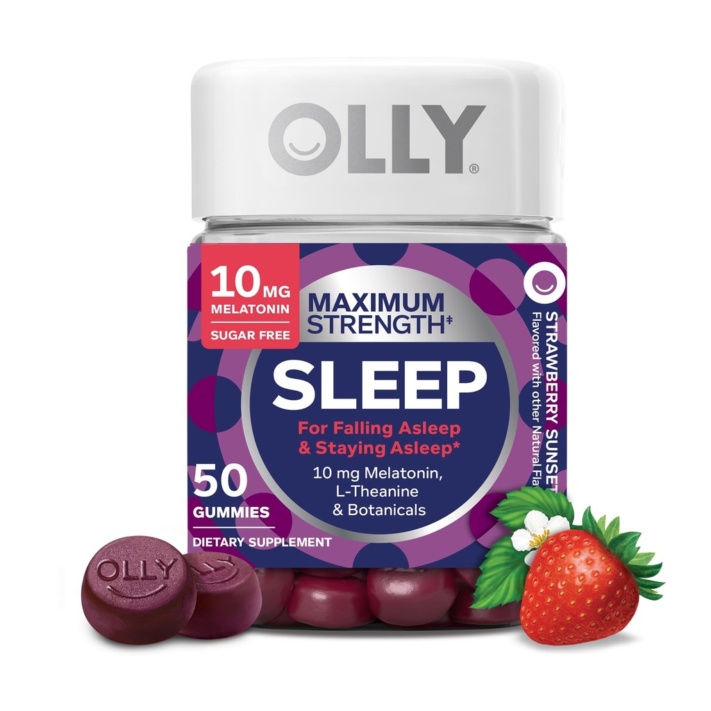 OLY Max Strength Sleep Gummy, 10mg Melatonin, L-Theanine, Kamilica, Lemon Balm, Sugar Free, Vegetarijanski spalni pripomoček, Jagoda - 50 Count