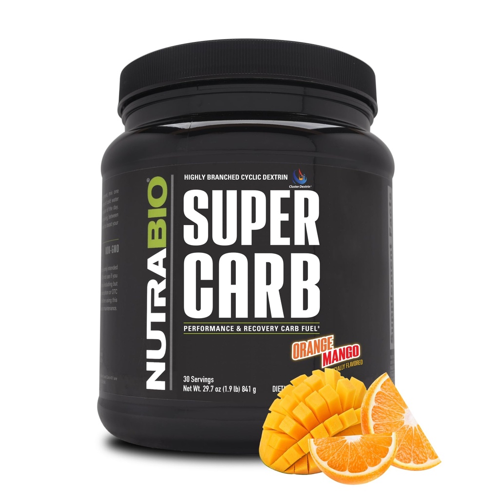 NutraBio Super Carb, ogljikovi hidrati v prahu z grozdnim dekstrinom in elektroliti, napredni ogljikovi hidrati v prahu za gorivo, zmogljivost in okrevanje mišic, ciklični dekstrin, oranžni mango, 30 Sv