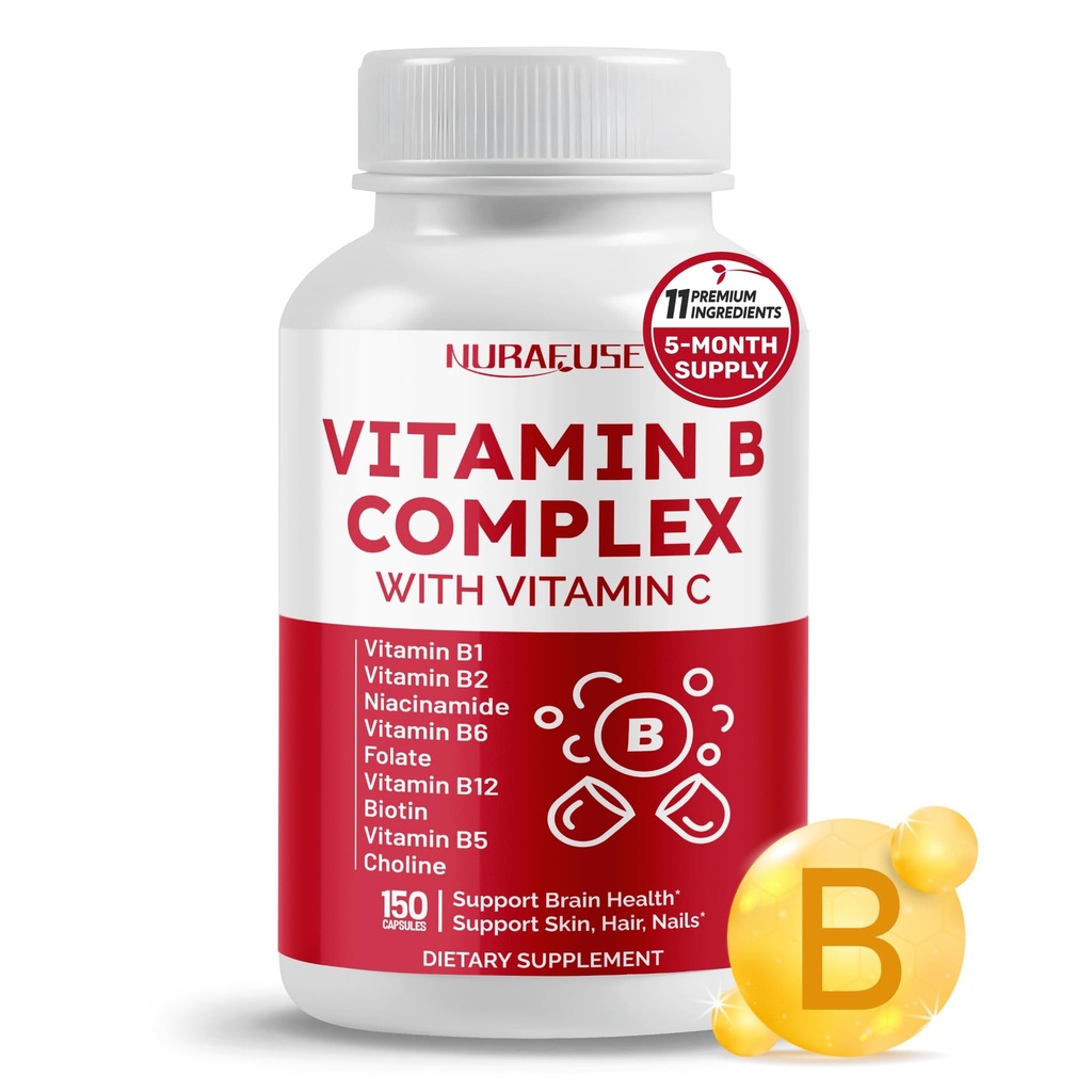 Vitamin B Complex Vitamin B1, B2, 6,9,12 Niacin, z vitaminom C - Podpora zdravje možganov, energijske ravni, kože, las in nohtov - Made in Tested v ZDA