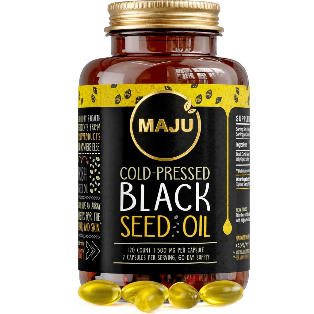 Maju Superfoods Black Seed Oil kapsule, močno hladno stisnjen, 2% Thymokinon, 100% turška črna kumina Nigella Sativa semena olje, organska BSO, tekoče črno seme, 120 Count, 500mg na kapsulo
