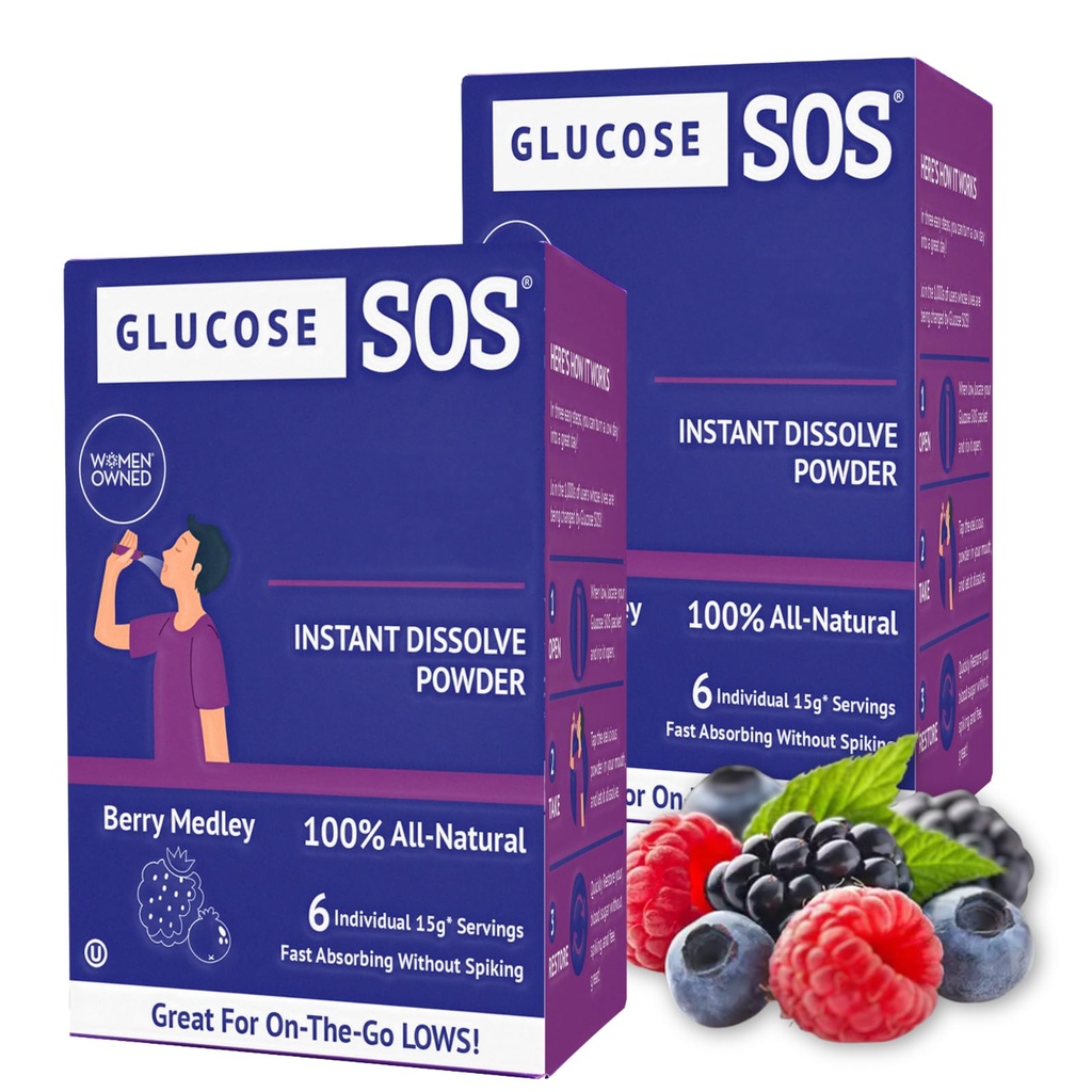 Glukoza SOS glukoza v prahu Pakiranje z naravno dekstrozo, hitro absorpcijo To takoj razrešuje v ustih brez vode, Berry Medley 12 postrežbe