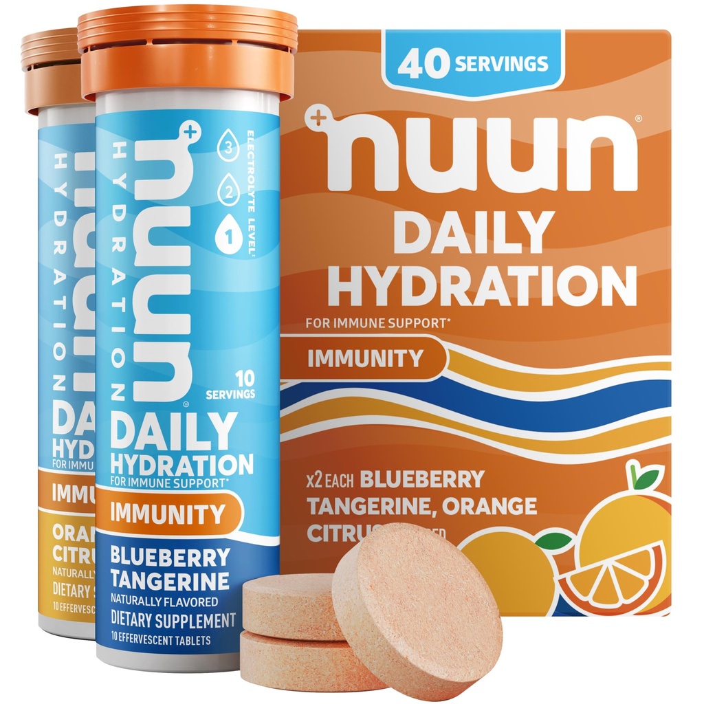 Nuun Immuniteta Elektrolitske tablete z vitaminom D, C, E, & A, ingver, Bezgove jagode, magnezij & 4 drugi Eterični elektroliti, Vegan, Borovničeva tangerina in Orange Citrus, 4 paketi (40 skupaj)