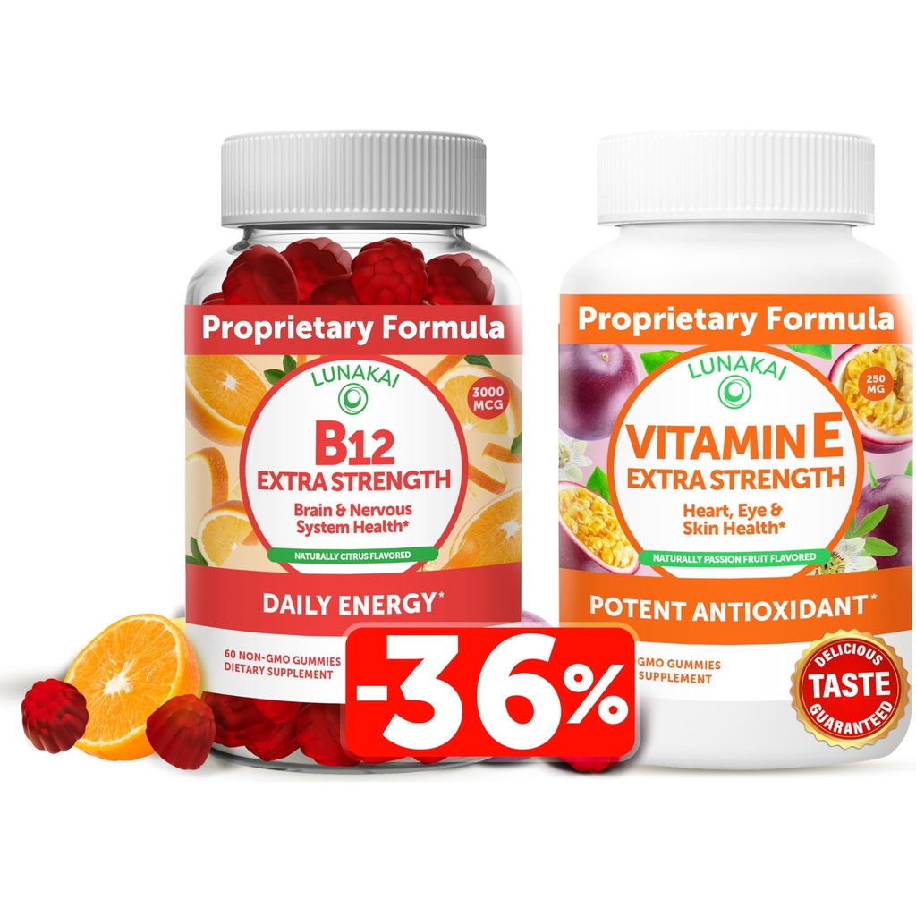 Lunakai Vitamin B12 in vitamin E Gummies Bundle - 3000 mcg Gummies za odrasle Energetska podpora in zdravje kosti - 250 mg 1000 iu Naravni VIT E Plus C Dodatki