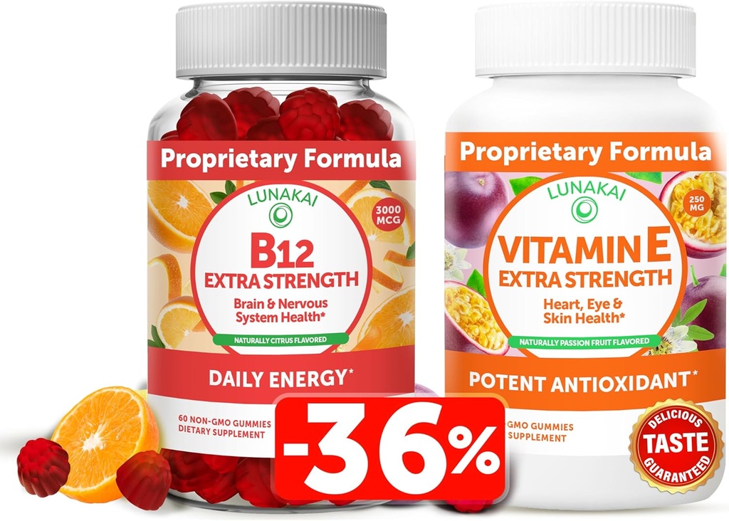 Lunakai Vitamin B12 in vitamin E Gummies Bundle - 3000 mcg Gummies za odrasle Energetska podpora in zdravje kosti - 250 mg 1000 iu Naravni VIT E Plus C Dodatki