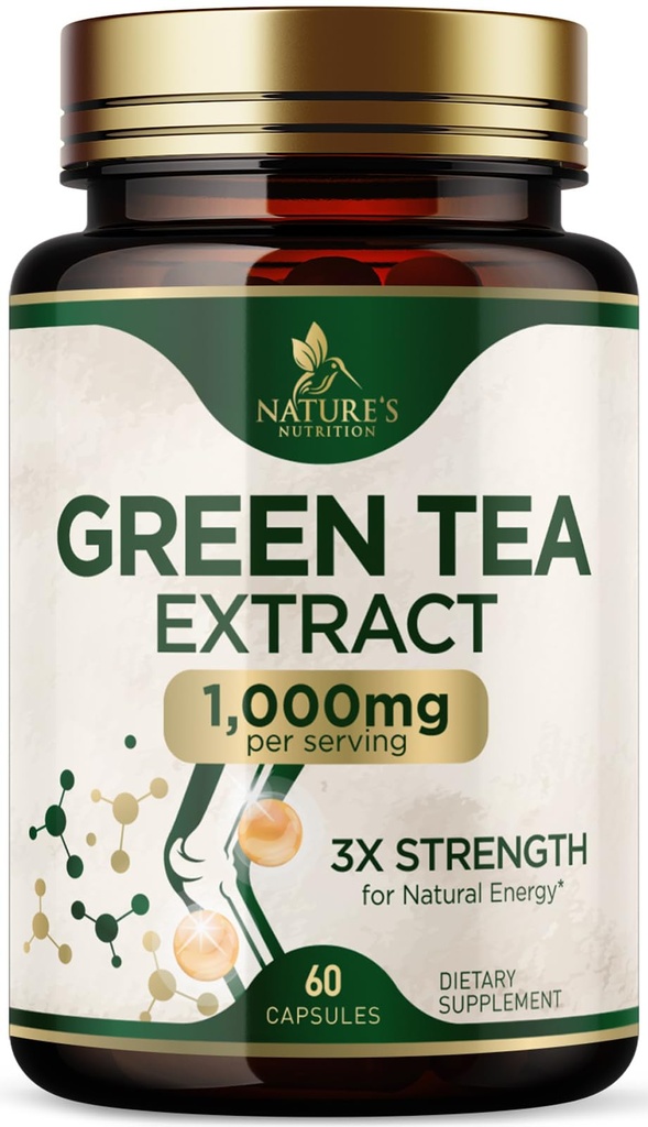 Izvleček zelenega čaja 1000 mg - standardiziranih 45% EGCG & 98% polifenolov - 3X jakosti tablete zelenega čaja za naravno energijo - podpira zdravje srca, zeliščni dodatek, vegan, ne-GMO - 60 kapsul