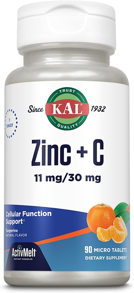 KAL Cink Plus C, takojšnja raztapljanje vitamina C in cinka, celična funkcija in imunske podpore, optimalna absorpcija, naravna aroma tangerina, 60-dnevni denar nazaj garancije, 90 Serving, 90 mikro tablete