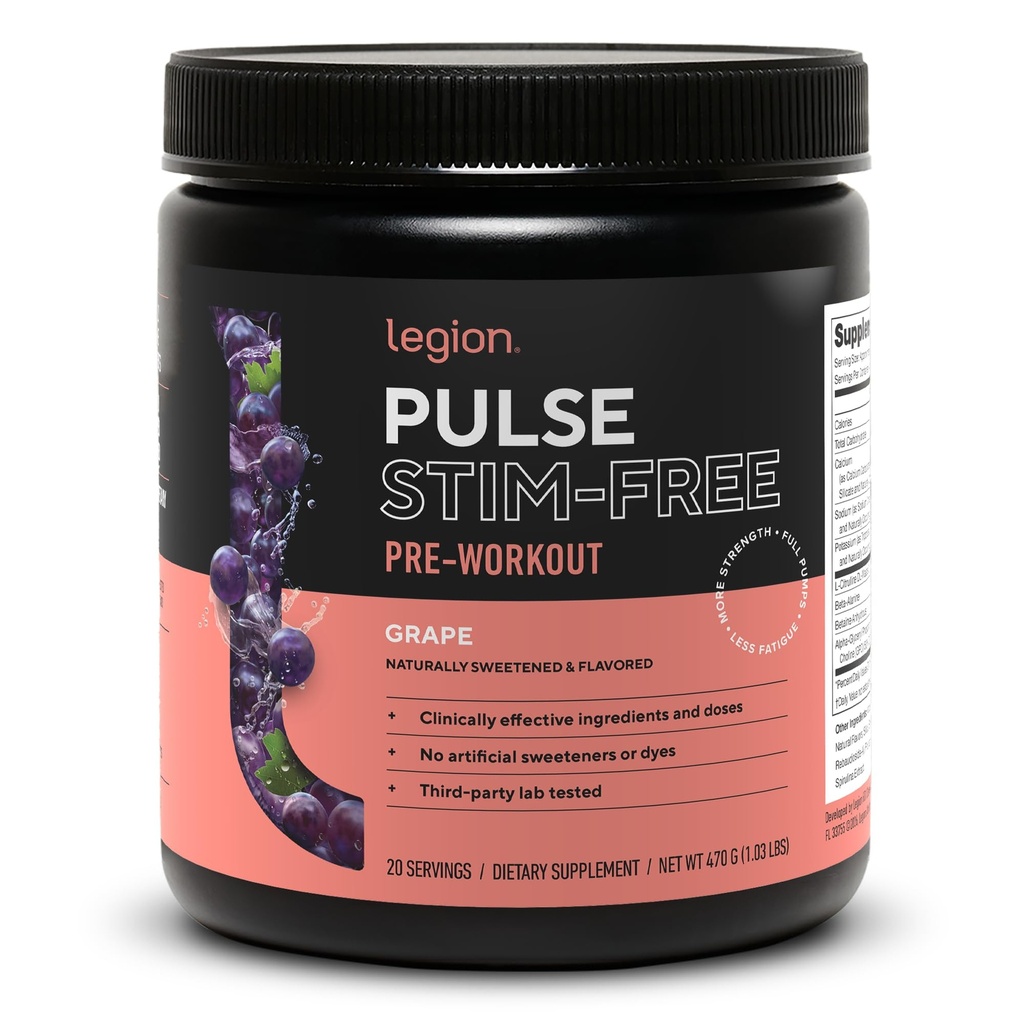 LEGION Pulse Pre Workout dodatek - Vse naravne dušikov oksid Preworkout pijača za povečanje energije, Kreatin brezplačno, naravno sladkan, Beta Alanin, Citrulin, Alpha GPC (Kaffeine Free Grozdje)