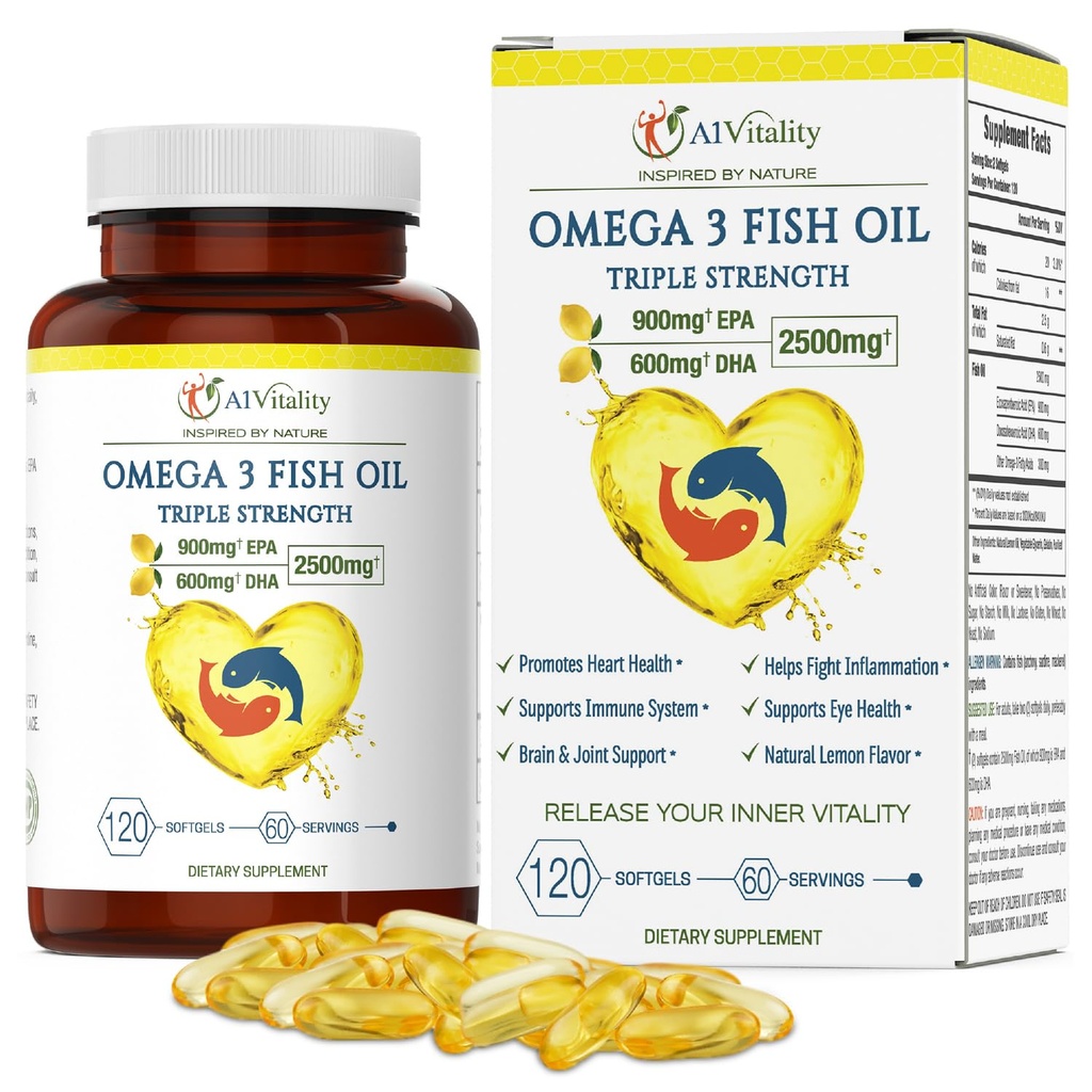 Omega 3 Trojna moč EPA DHA dodatek - 2500mg limona aromo ribje olje - visoka moč 900mg EPA 600mg DHA podpira kroženje, možgani, srce, oko, koža, kosti in sklepi - 120 Softgels