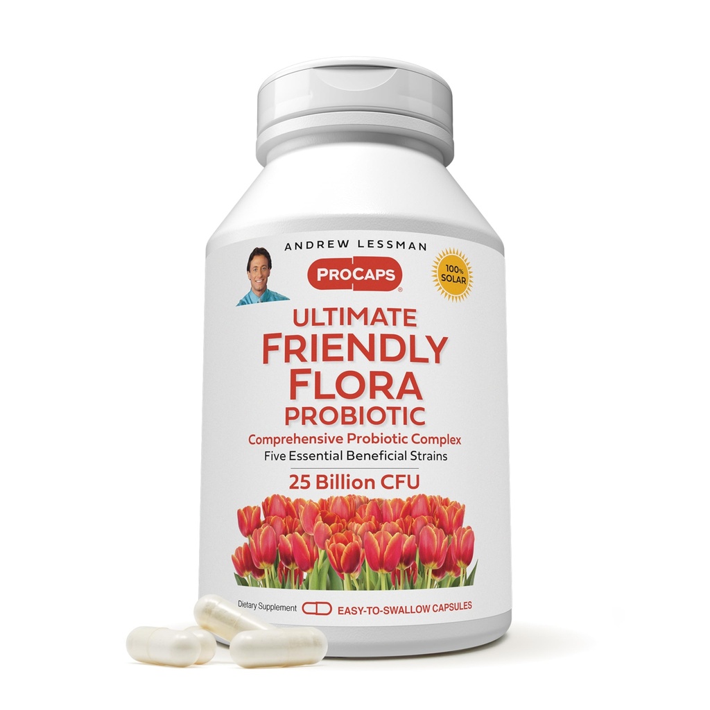 ANDREW LESSMAN Ultimate Friendly Flora Probiotic 60 Kapsule - 25 milijard CFU, celovita mešanica petih probiotičnih sevov, močan imunski in prebavne podpore. Probiotiki za ženske ali moške