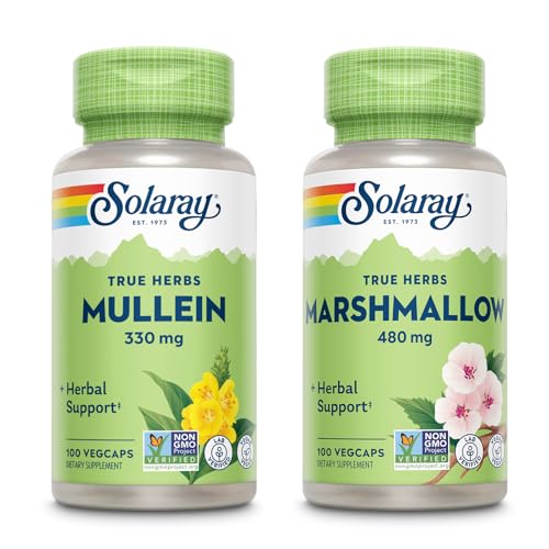 SOLARAY Mullein Leaf 330 mg in Marshmallow Root 480 mg - Wellness Bundle - Zelišča visoko v Mucilage topljiva Fiber za podporo za uteho - Vegan, Non-GMO, Lab Verified, 60-dnevni garancije, 200/100 VegCaps
