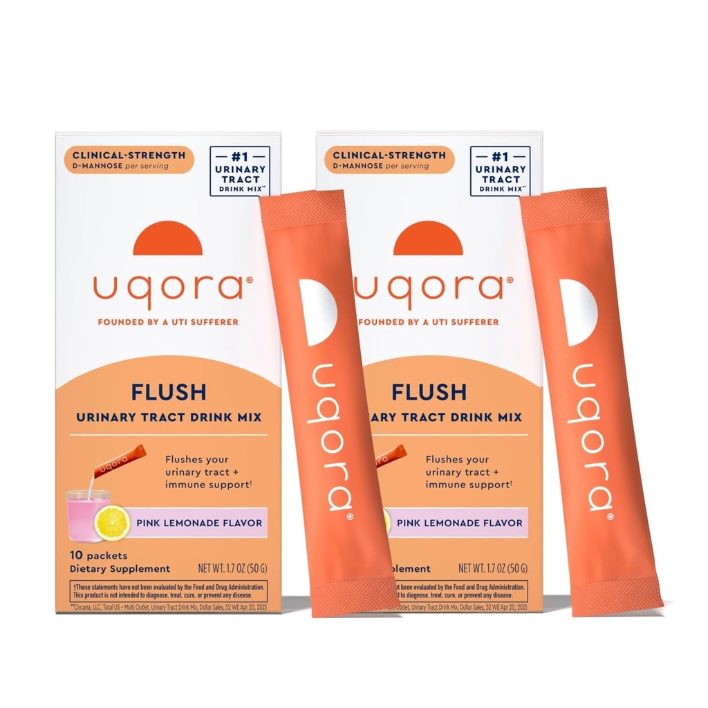 Uqora Flush - sečni trakt* z D-manozo, vitaminom C, vitaminom B6, kalijem, magnezijem in kalcijom - Gluten-free & Vegan - roza limonada aroma - 20 paketov (2 pakiranji)