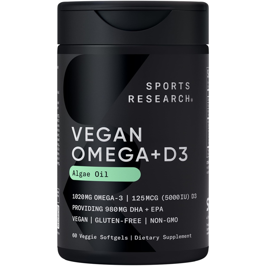 Sports Research Vegan Omega-3 z vitaminom D3 Softgels - 1020mg Omega-3 & 5000iu D3 Supplement - Ribje olje Alternative z vitaminom D rastlin na osnovi Algae Oil - 60 Veggie Softgels za odrasle