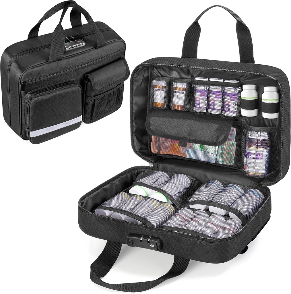 Damero zaklepanje tablete Organizator, Medicine Skladiščenje Bag Medication Organizator Potovanje Primer za velike tablete steklenice, Zdravila in medicinske potrebščine,Črna
