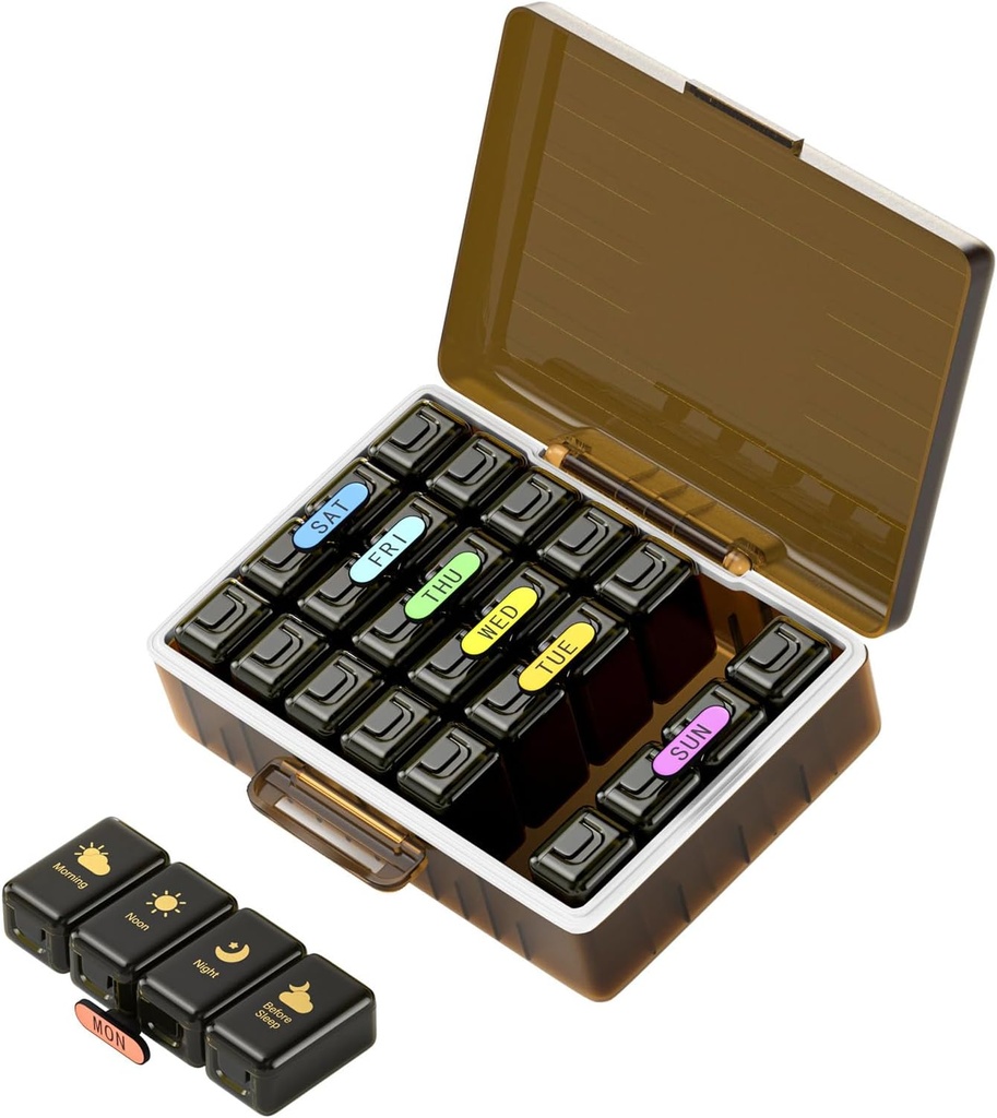 Tedenske tablete Organizator 4 krat na dan, velike kompartmente tablete Box 4X 7 dan, tablete za medicinske organizatorje primer tabletk za tablete/vitamine/ribja olja/zdravilo/dodatki (Brown)