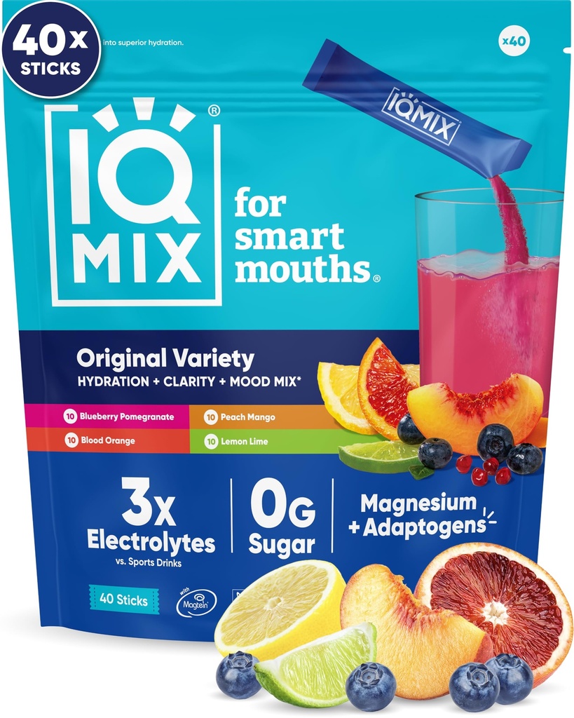 IQMIX Hidracija Elektrolitni prašek – 4-v-1 Formula za hidracijo, mentalno jasnost, razpoloženje in regeneracijo – mešanica brez sladkorja, Keto, magnezijev L-treonat, levja griva – 40 Count Variety Pack