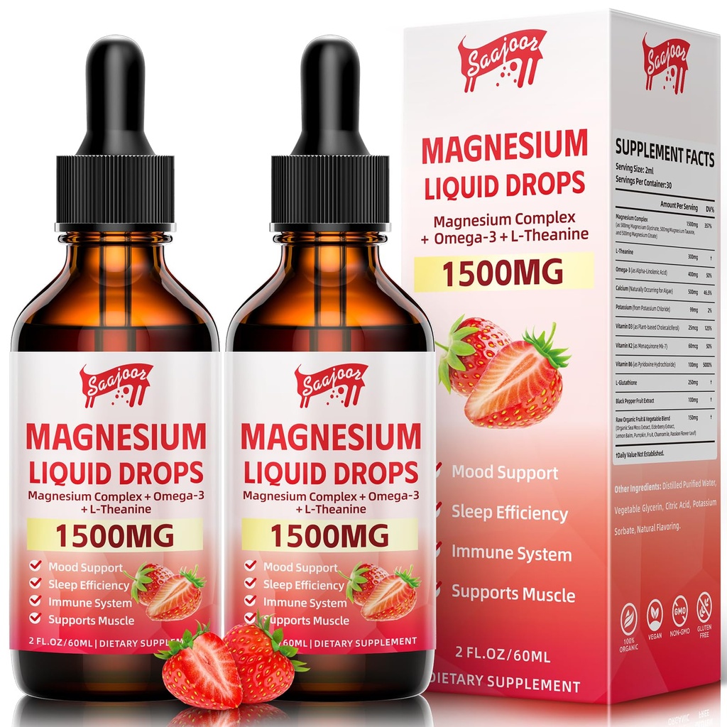 2 Pack Magnezijev Glycinate tekoče kapljice, 1500mg Magnezijev tekoči dodatek z vitaminom B6, D3, L - Theanin, Omega3,Podporna noč, mišice, kosti, Mood, Jagodna aroma - 4 Fl Oz (120ml) Steklenica