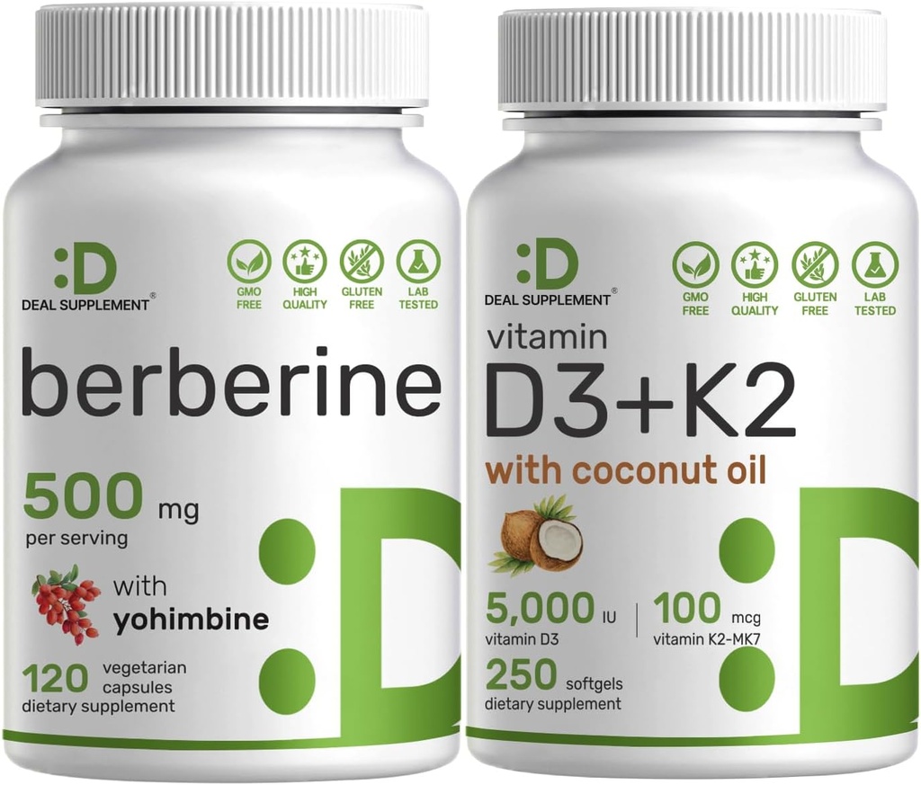 DEAL DOPOLNILO Vitamin D3 5000iu + K2 100mcg Softgels & Berberine dodatek z Yohimbine Bundle – Essential Sunshine Vitamini – Visoka absorpcija Hidroklorid HCl oblike