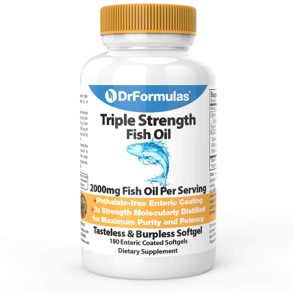 DrFormulas 2000mg Trojna moč Omega 3 ribje olje z EPA in DHA, 180 Burpless softgels