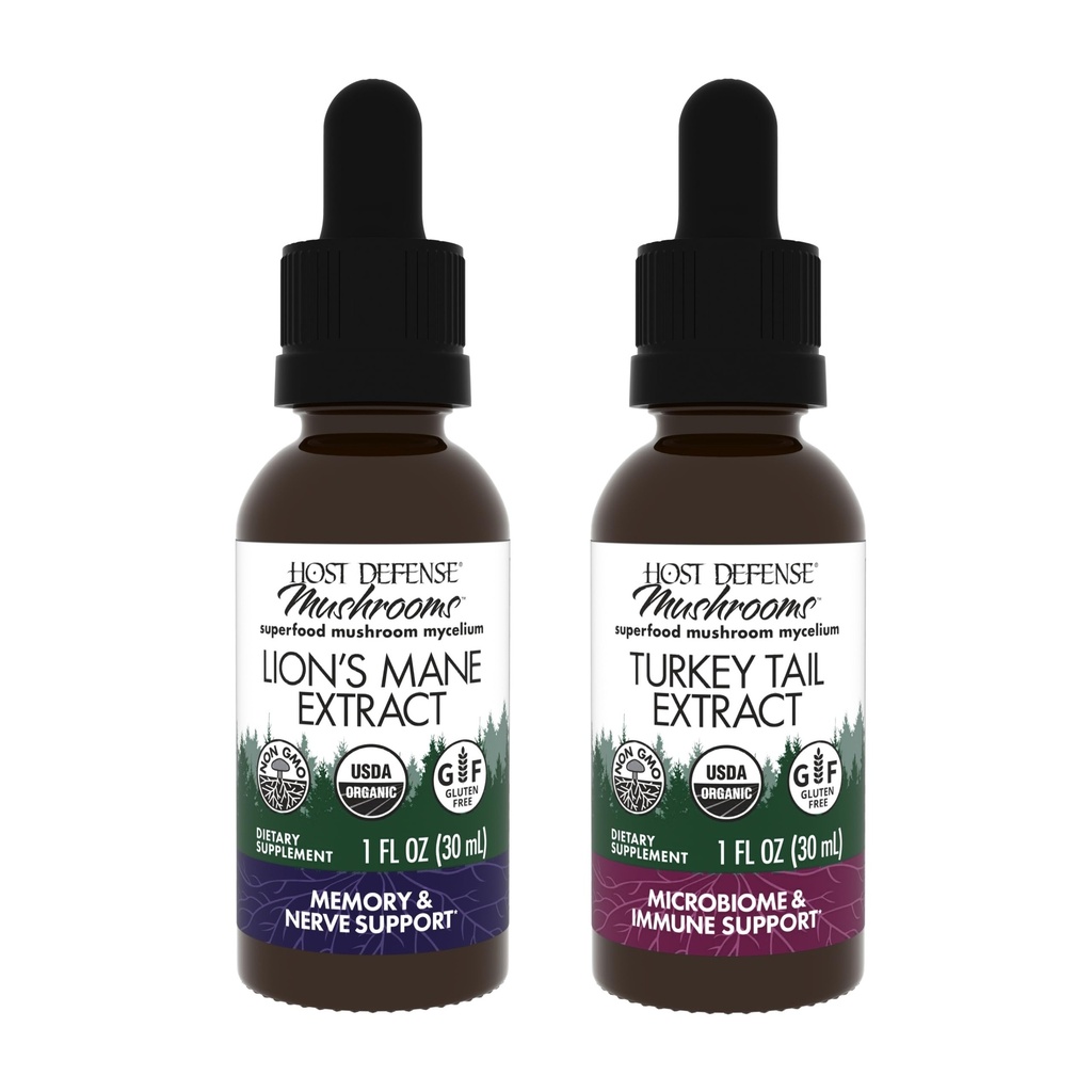 Host Defense Bundle z Lev's Mane Extract, 1 fl oz & Turčija Tail Extract, 1 fl oz - Podpora zdravje možganov, spomin in fokus - Podpora Prebavno zdravje in imunski odziv *