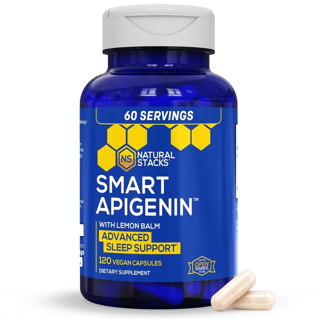 NARAVNI ZASTAVI Apigenin Dodatek za spanje - 50mg Apigenin & 600mg Lemon Balm - Melatonin Free Sleep Aid - s Passion Flower Extract za podporo stresu* - 120 Lemon Balm kapsule