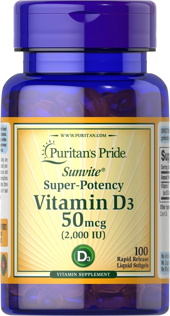 Puritan's Pride Sunvite Super Visoka moč Vitamin D3 2000IU 100 Softgels